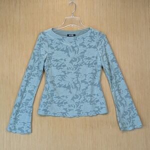 BTFBM Top Women Small Blue Floral Lace Bell‎ Sleeve Y2K Feminine Romantic NWT